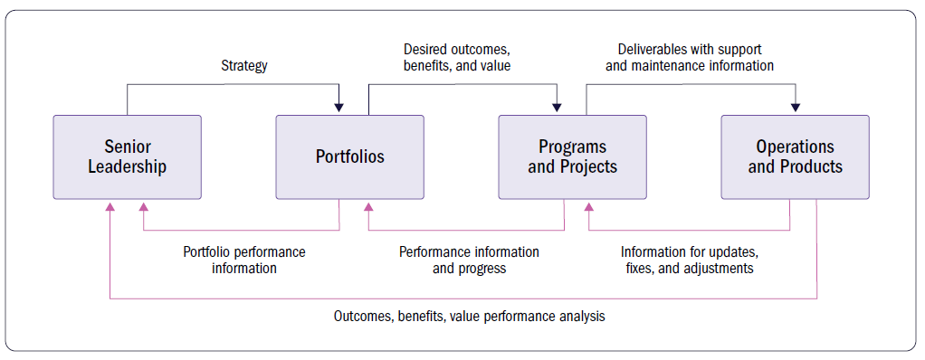 Organizational hierarchy: Senior Leadership sets strategy through Portfolios to Programs and Projects to Operations and Products, with performance feedback returning to leadership.